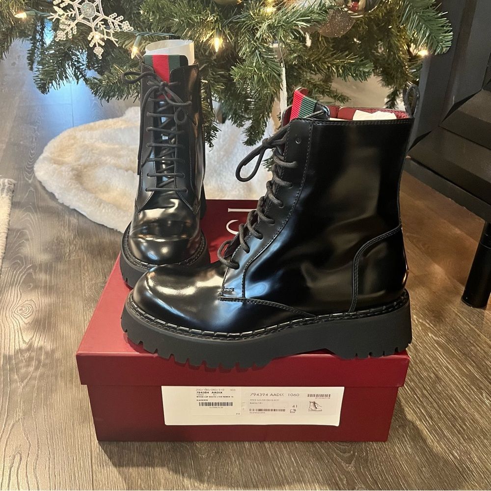 🖤NEW🖤 Gucci Black Leather Combat Lace Up Web Women’s Boots EU 41